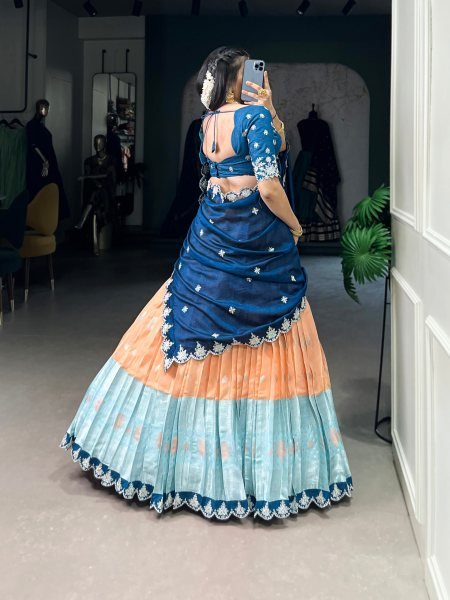 Supreme Orange Zari Kota Lehenga with Banglory Blouse and Vichitra Silk Dupatta Half Saree Lehenga