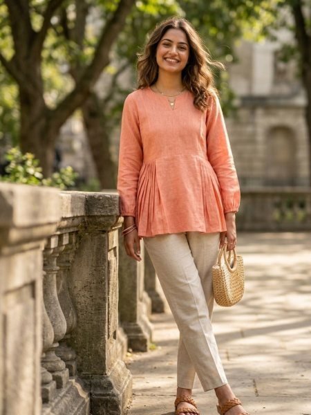 Supreme Peach Stylish Linen Co Ord Set with Frill Design for Daily Wear Kurtis