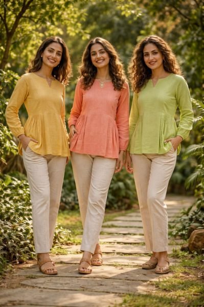 Supreme Peach Stylish Linen Co Ord Set with Frill Design for Daily Wear Tunics kurti