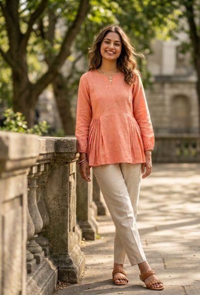 Supreme Peach Stylish Linen Co Ord Set with Frill Design for Daily Wear Tunics kurti