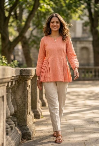 Supreme Peach Stylish Linen Co Ord Set with Frill Design for Daily Wear Tunics kurti