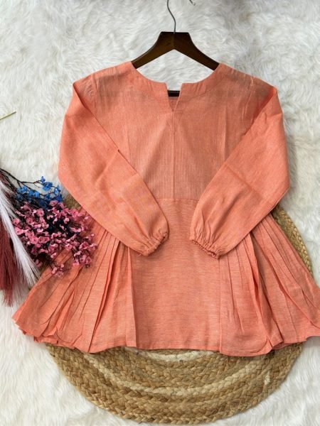 Supreme Peach Stylish Linen Co Ord Set with Frill Design for Daily Wear Tunics kurti