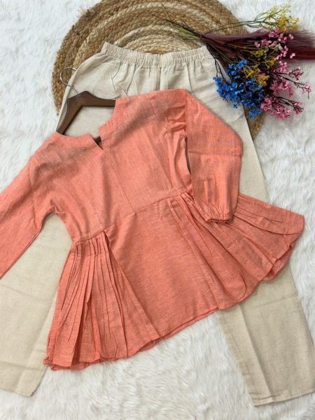 Supreme Peach Stylish Linen Co Ord Set with Frill Design for Daily Wear Tunics kurti