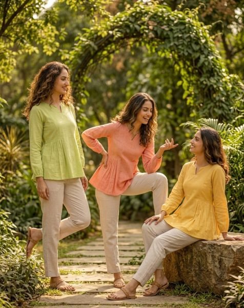 Supreme Peach Stylish Linen Co Ord Set with Frill Design for Daily Wear Tunics kurti