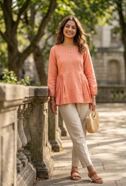 Supreme Peach Stylish Linen Co Ord Set with Frill Design for Daily Wear Tunics kurti