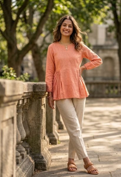 Supreme Peach Stylish Linen Co Ord Set with Frill Design for Daily Wear Tunics kurti