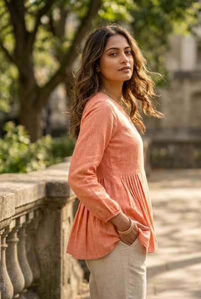 Supreme Peach Stylish Linen Co Ord Set with Frill Design for Daily Wear Tunics kurti