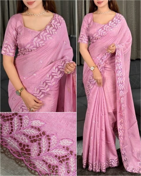 Supreme Pink Designer Arry Cotton Saree with Embroidered Cutwork Blouse For Wedding Cotton Sarees Wholesale