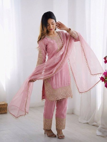 Supreme Pink Roman Glass Silk Embroidered Kurti Set with Moti Lace for Festive Wear Ready To Wear Suit