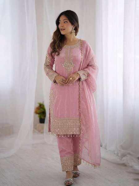 Supreme Pink Roman Glass Silk Embroidered Kurti Set with Moti Lace for Festive Wear Ready To Wear Collection