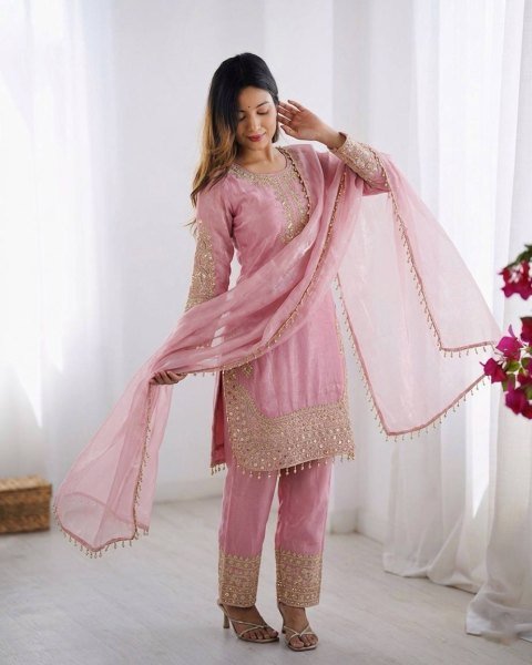 Supreme Pink Roman Glass Silk Embroidered Kurti Set with Moti Lace for Festive Wear Ready To Wear Collection