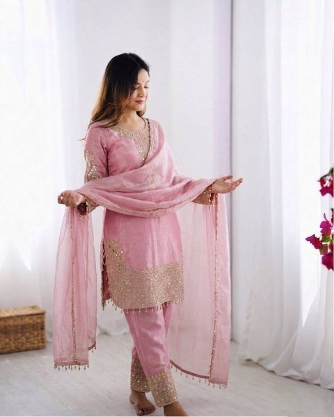 Supreme Pink Roman Glass Silk Embroidered Kurti Set with Moti Lace for Festive Wear Ready To Wear Collection