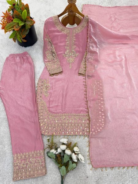 Supreme Pink Roman Glass Silk Embroidered Kurti Set with Moti Lace for Festive Wear Ready To Wear Collection