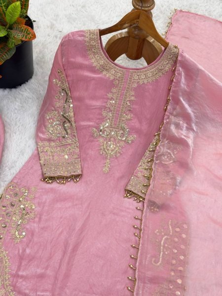Supreme Pink Roman Glass Silk Embroidered Kurti Set with Moti Lace for Festive Wear Ready To Wear Collection