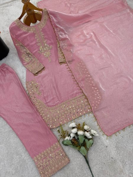 Supreme Pink Roman Glass Silk Embroidered Kurti Set with Moti Lace for Festive Wear Ready To Wear Collection