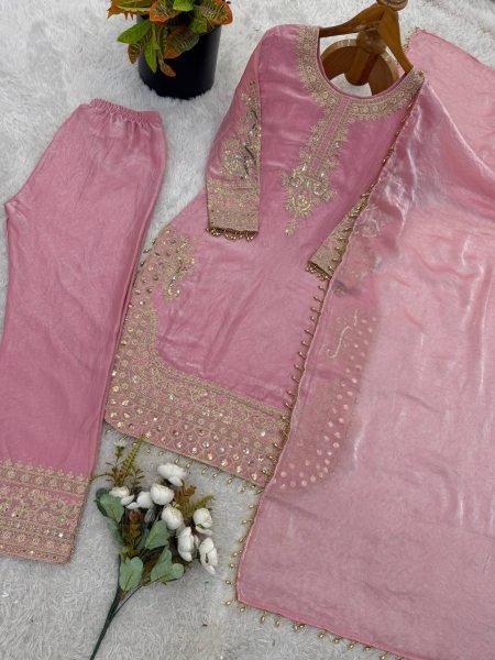 Supreme Pink Roman Glass Silk Embroidered Kurti Set with Moti Lace for Festive Wear Ready To Wear Collection