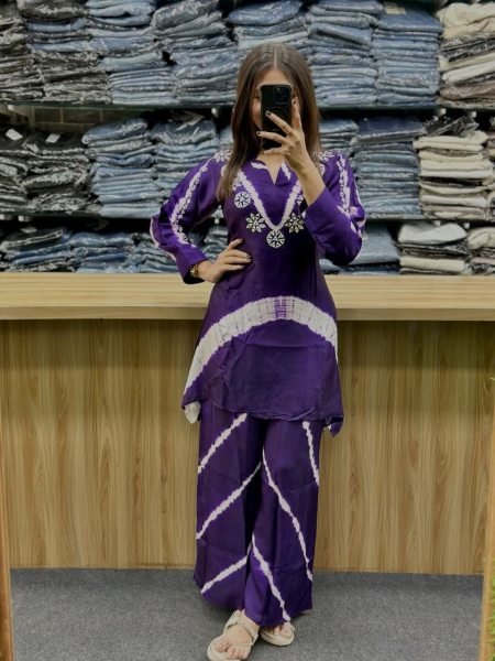 Supreme Purple Premium Burbary Silk Cord Set with Handwork Neck Design CO ORD Sets