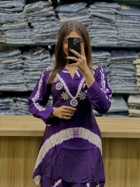 Supreme Purple Premium Burbary Silk Cord Set with Handwork Neck Design CO ORD Sets