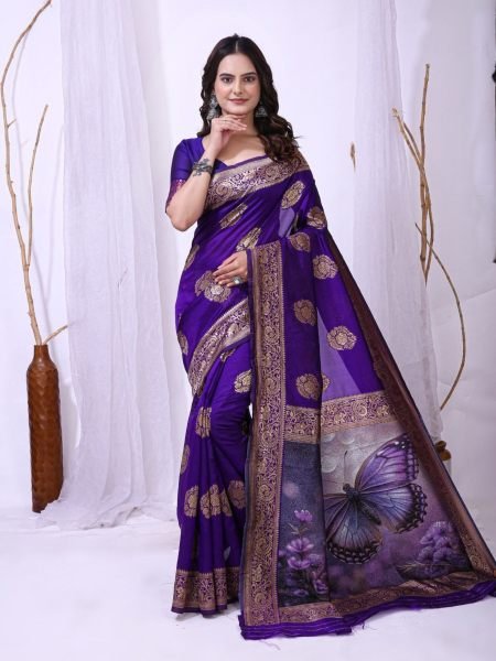 Supreme Purple Soft Lichi Silk Jacquard Saree with Designer Border Blouse at Wholesale Rate 