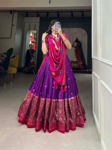 Supreme Purple Tussar Silk Kalamkari Print Lehenga with Gotta Patti Dupatta at Wholesale Rate Designer Lehenga Choli