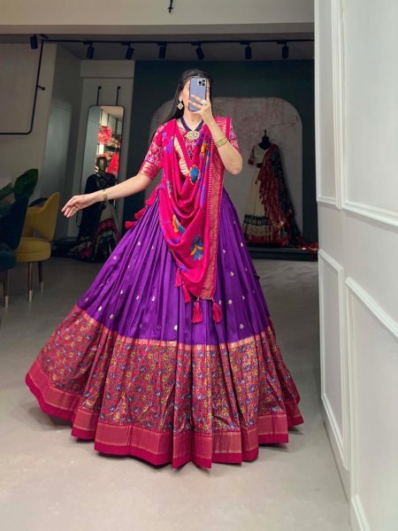Supreme Purple Tussar Silk Kalamkari Print Lehenga with Gotta Patti Dupatta at Wholesale Rate Designer Lehenga Choli