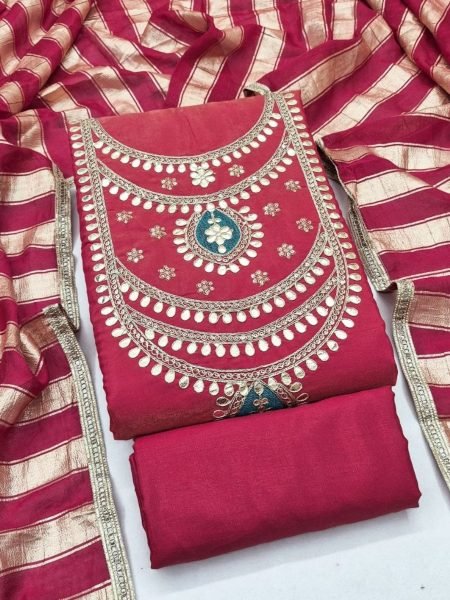 Supreme Red Roman Simmer Silk Ethnic Dress Material with Rich Gota Patti Work 