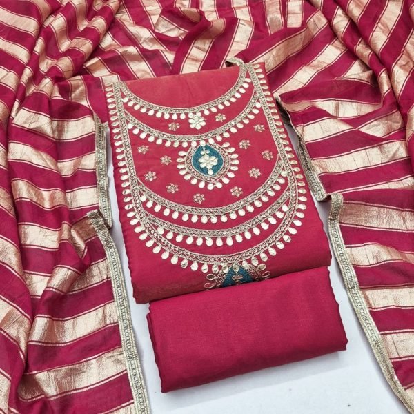 Supreme Red Roman Simmer Silk Ethnic Dress Material with Rich Gota Patti Work Color Set Matching Dress Material Wholesale