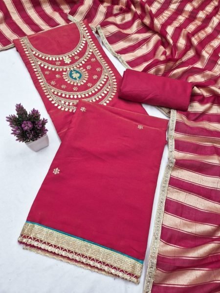 Supreme Red Roman Simmer Silk Ethnic Dress Material with Rich Gota Patti Work Color Set Matching Dress Material Wholesale