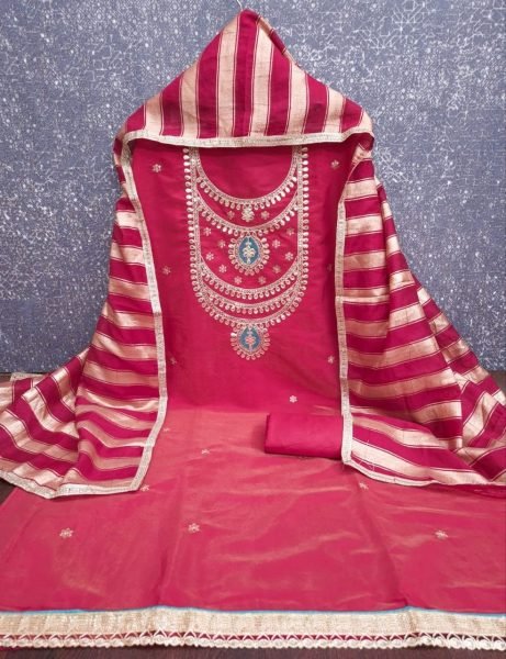 Supreme Red Roman Simmer Silk Ethnic Dress Material with Rich Gota Patti Work Color Set Matching Dress Material Wholesale