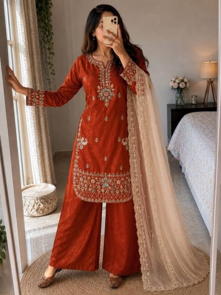 Supreme Rust Designer GMY Silk Kurti Palazzo Set with Star Georgette Embroidered Dupatta  