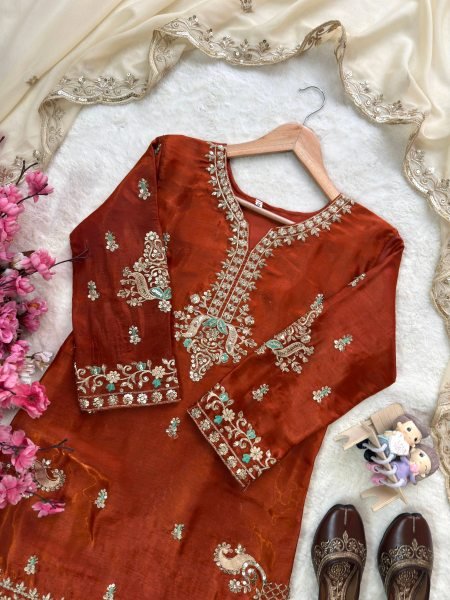 Supreme Rust Designer GMY Silk Kurti Palazzo Set with Star Georgette Embroidered Dupatta  Ready To Wear Collection