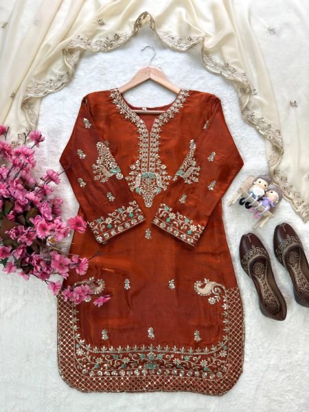 Supreme Rust Designer GMY Silk Kurti Palazzo Set with Star Georgette Embroidered Dupatta  Ready To Wear Collection