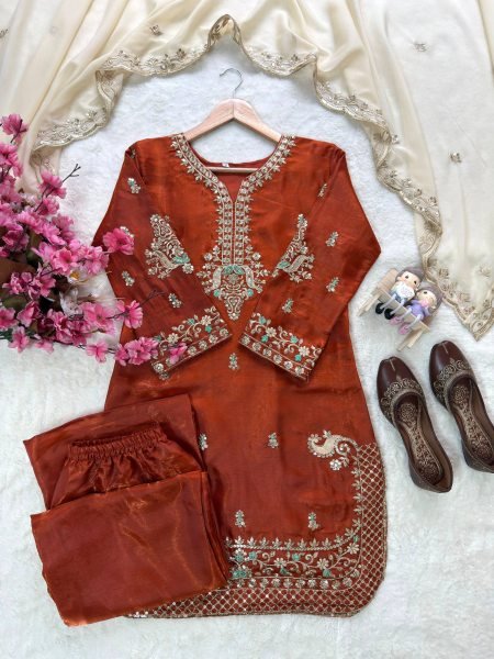 Supreme Rust Designer GMY Silk Kurti Palazzo Set with Star Georgette Embroidered Dupatta  Ready To Wear Collection