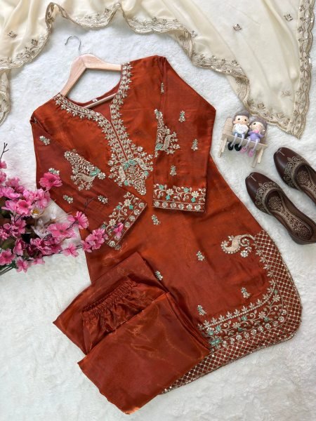 Supreme Rust Designer GMY Silk Kurti Palazzo Set with Star Georgette Embroidered Dupatta  Ready To Wear Collection