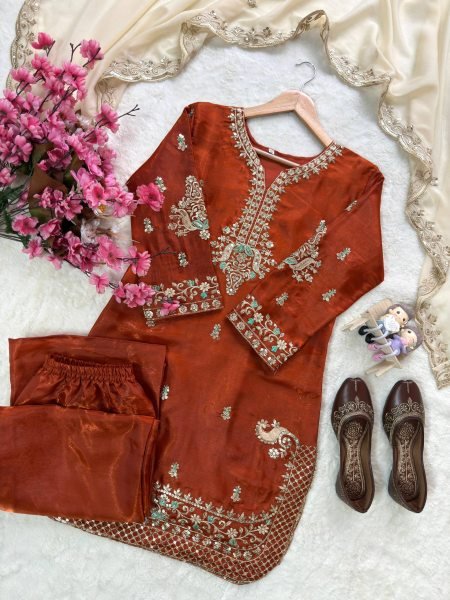 Supreme Rust Designer GMY Silk Kurti Palazzo Set with Star Georgette Embroidered Dupatta  Ready To Wear Collection