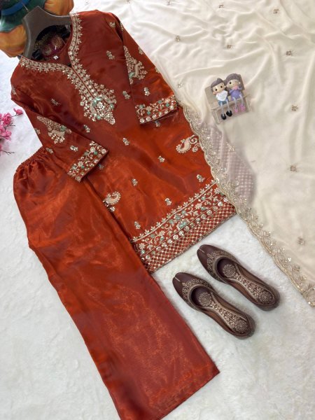 Supreme Rust Designer GMY Silk Kurti Palazzo Set with Star Georgette Embroidered Dupatta  Ready To Wear Collection