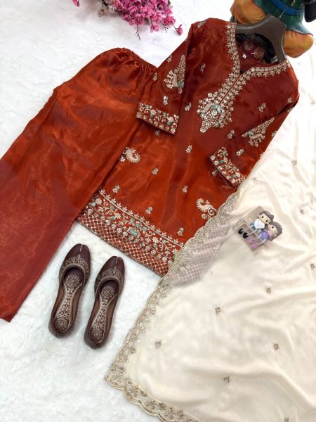 Supreme Rust Designer GMY Silk Kurti Palazzo Set with Star Georgette Embroidered Dupatta  Ready To Wear Collection