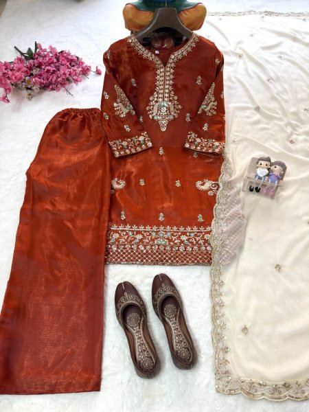 Supreme Rust Designer GMY Silk Kurti Palazzo Set with Star Georgette Embroidered Dupatta  Ready To Wear Collection