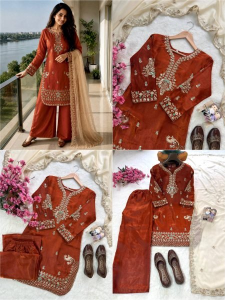 Supreme Rust Designer GMY Silk Kurti Palazzo Set with Star Georgette Embroidered Dupatta  Ready To Wear Collection