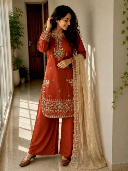 Supreme Rust Designer GMY Silk Kurti Palazzo Set with Star Georgette Embroidered Dupatta  Ready To Wear Collection