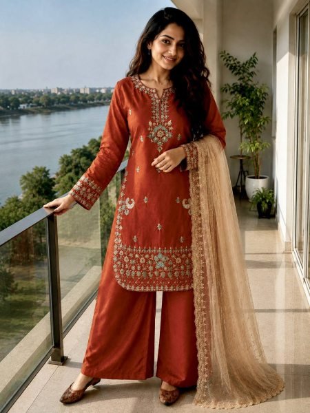 Supreme Rust Designer GMY Silk Kurti Palazzo Set with Star Georgette Embroidered Dupatta  Ready To Wear Collection