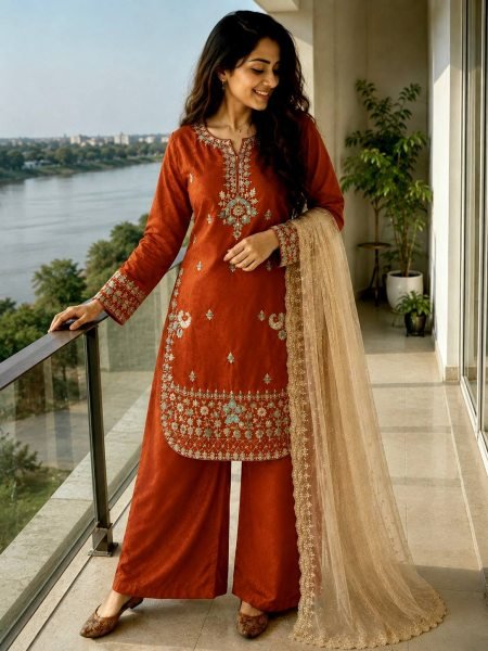 Supreme Rust Designer GMY Silk Kurti Palazzo Set with Star Georgette Embroidered Dupatta  Ready To Wear Collection
