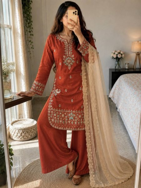 Supreme Rust Designer GMY Silk Kurti Palazzo Set with Star Georgette Embroidered Dupatta  Ready To Wear Collection