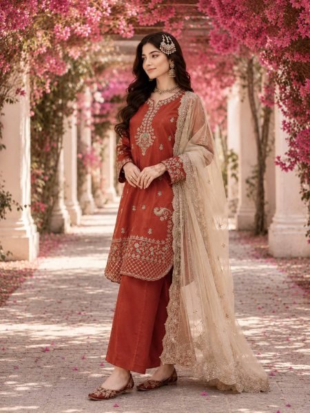 Supreme Rust Designer GMY Silk Kurti Palazzo Set with Star Georgette Embroidered Dupatta  Ready To Wear Collection