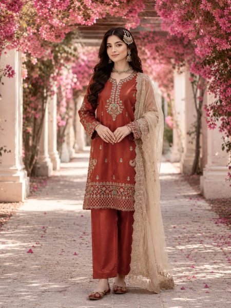 Supreme Rust Designer GMY Silk Kurti Palazzo Set with Star Georgette Embroidered Dupatta  Ready To Wear Collection