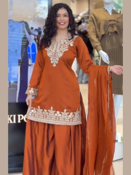 Supreme Rust Orange Sharara Suit with Sequence Embroidery Work Ready To Wear Suit