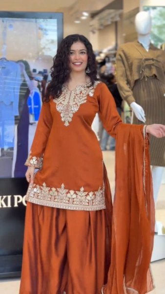 Supreme Rust Orange Sharara Suit with Sequence Embroidery Work Ready To Wear Collection