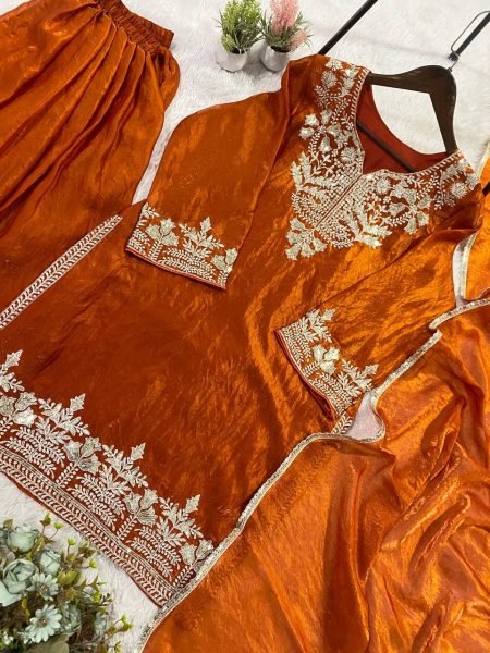 Supreme Rust Orange Sharara Suit with Sequence Embroidery Work Ready To Wear Collection