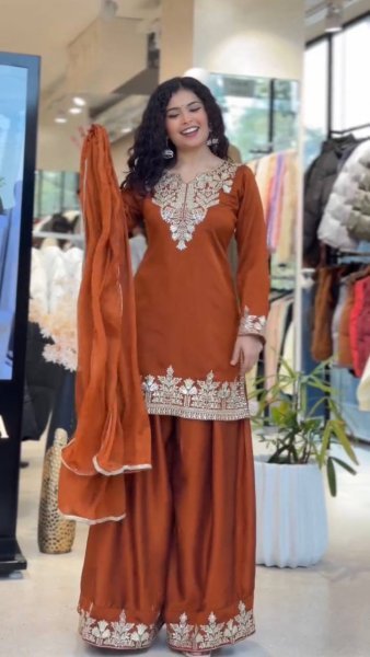 Supreme Rust Orange Sharara Suit with Sequence Embroidery Work Ready To Wear Collection