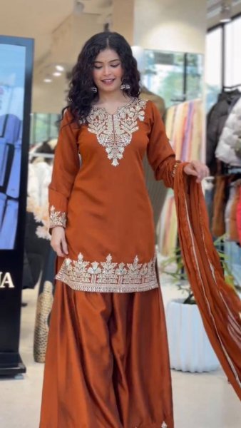 Supreme Rust Orange Sharara Suit with Sequence Embroidery Work Ready To Wear Collection